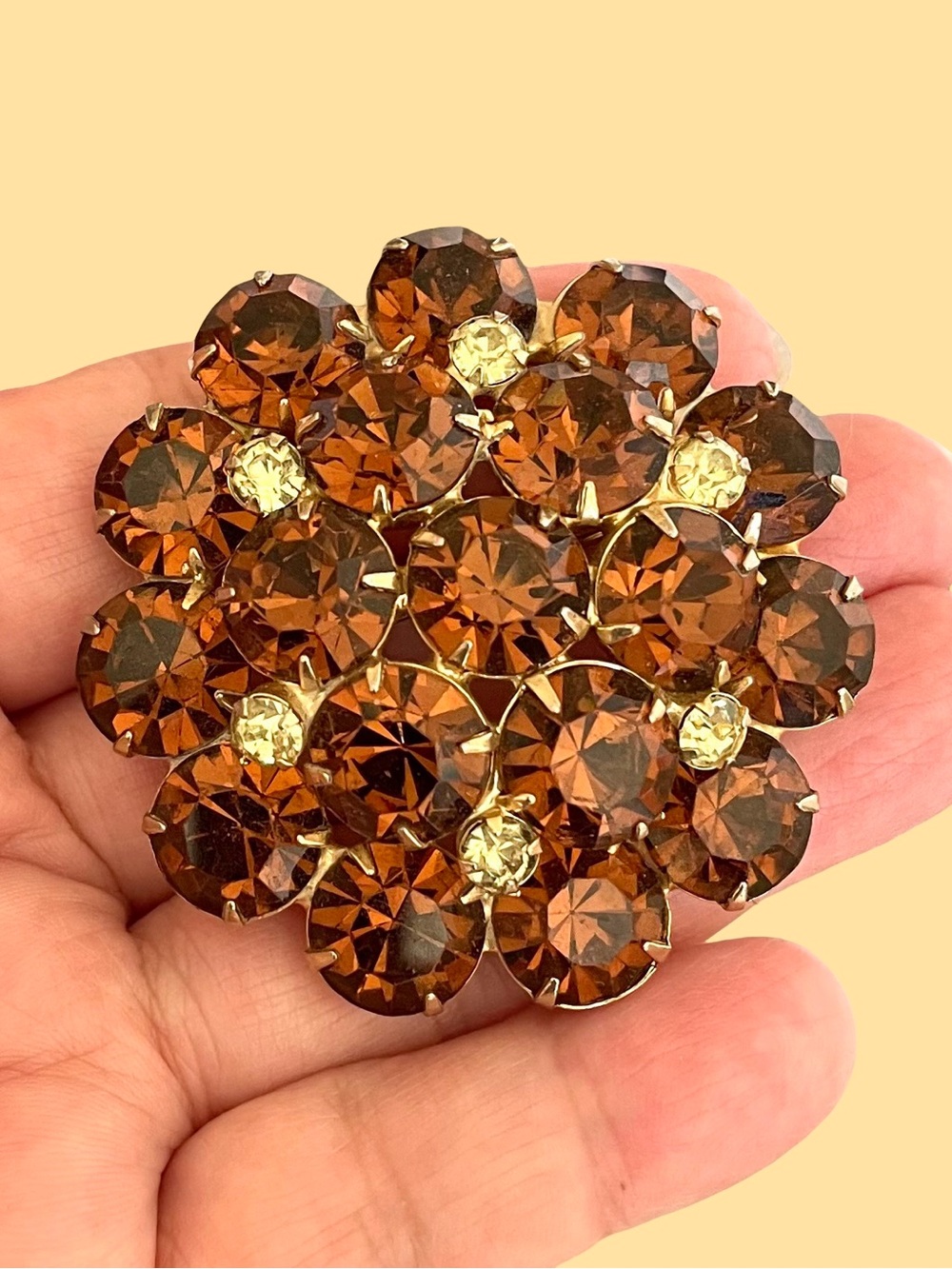 Vintage Mid-Century Topaz And Yellow Rhinestone Brooch